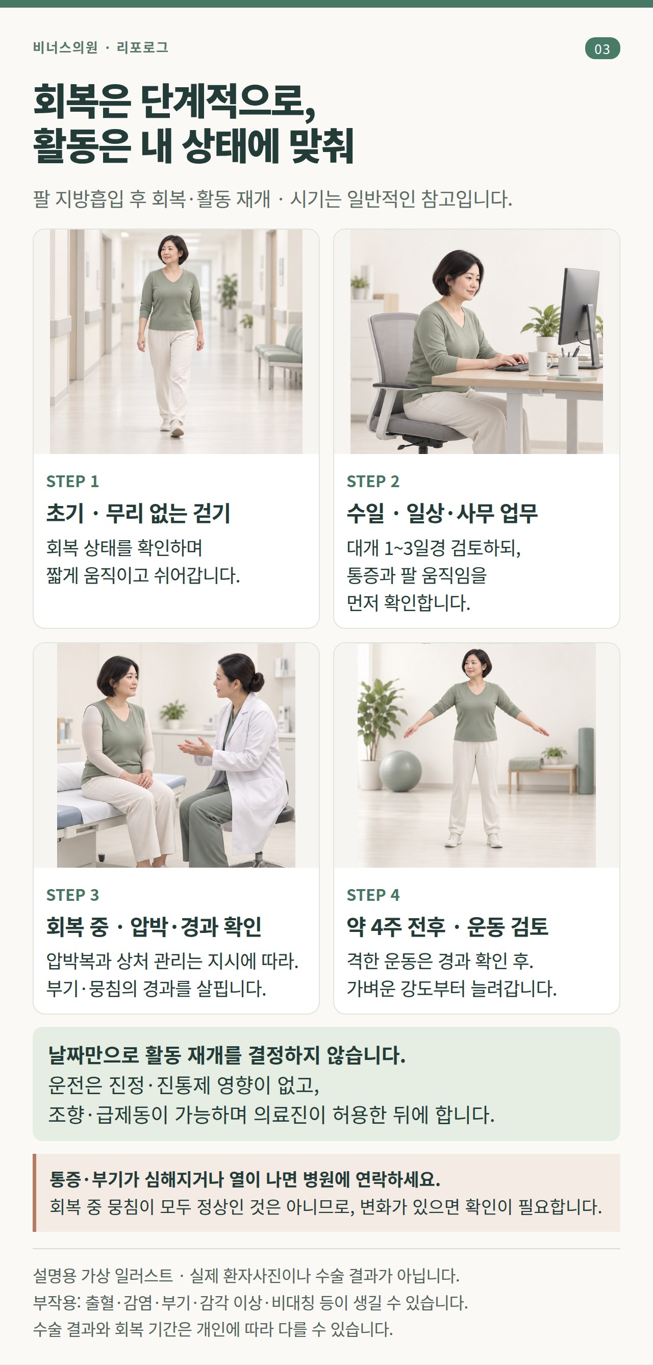 팔 지방흡입 후 회복과 활동 재개 시 확인사항을 설명하는 가상 일러스트
