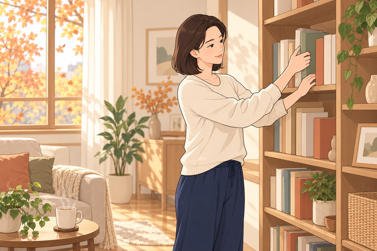 집에서 책장을 정리하며 일상으로 돌아온 여성 — 수술 후 회복