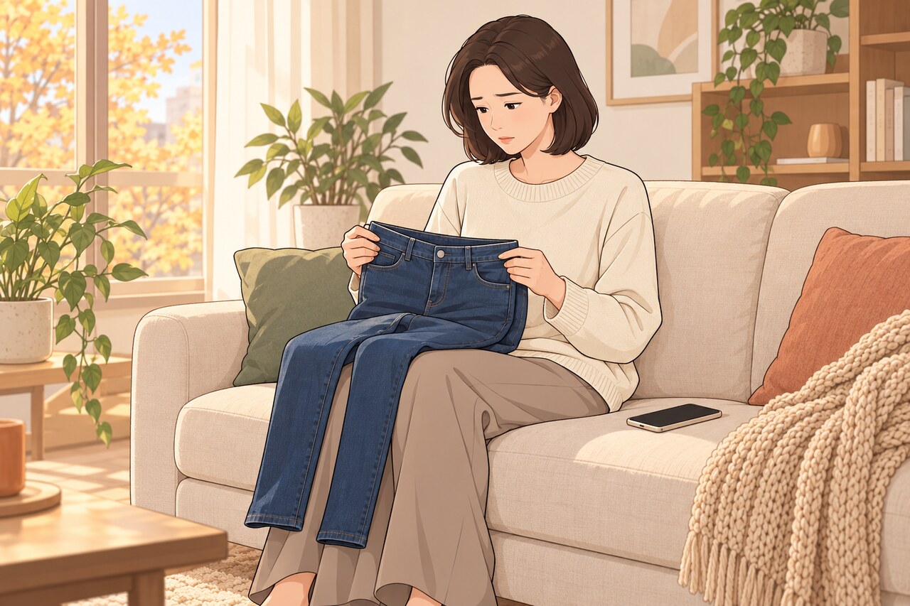 청바지를 무릎에 올려 두고 엉덩이 라인을 고민하는 여성 — 엉덩이축소 상담 전