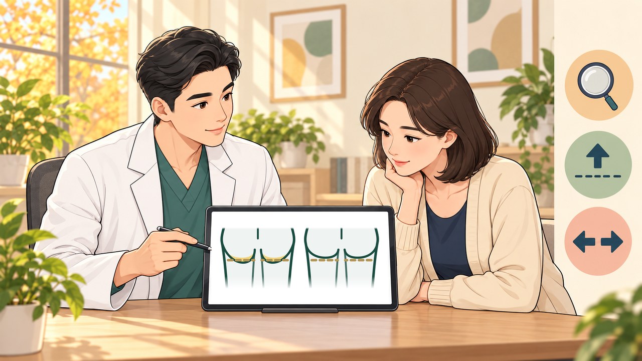 의사가 태블릿 속 엉덩이 뒷모습 도해로 수술 전후 하방선과 주름선 위치를 설명하는 상담 장면