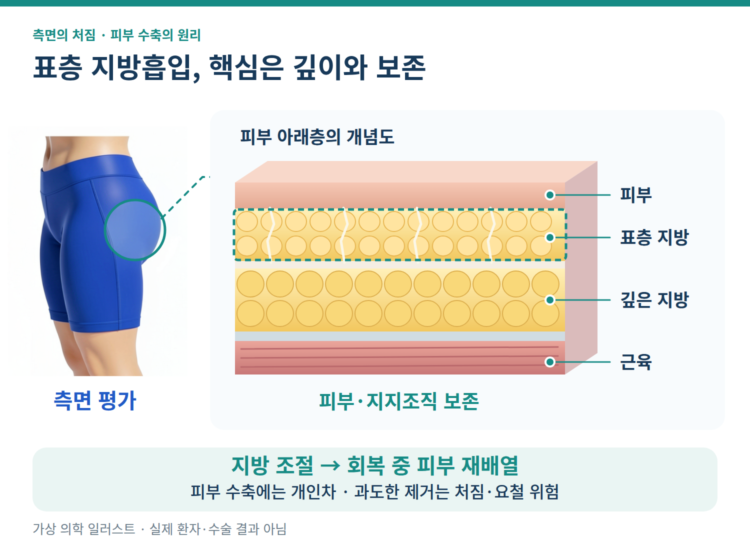 가상 의학 인포그래픽: 피부와 표층 지방·깊은 지방·근육의 관계, 피부·지지조직 보존과 과도한 제거의 위험