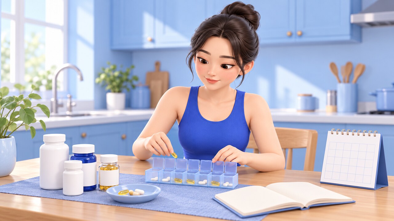 복용 중인 약과 영양제를 약통·달력과 함께 정리하는 장면 — 수술 전 복용 약물 점검