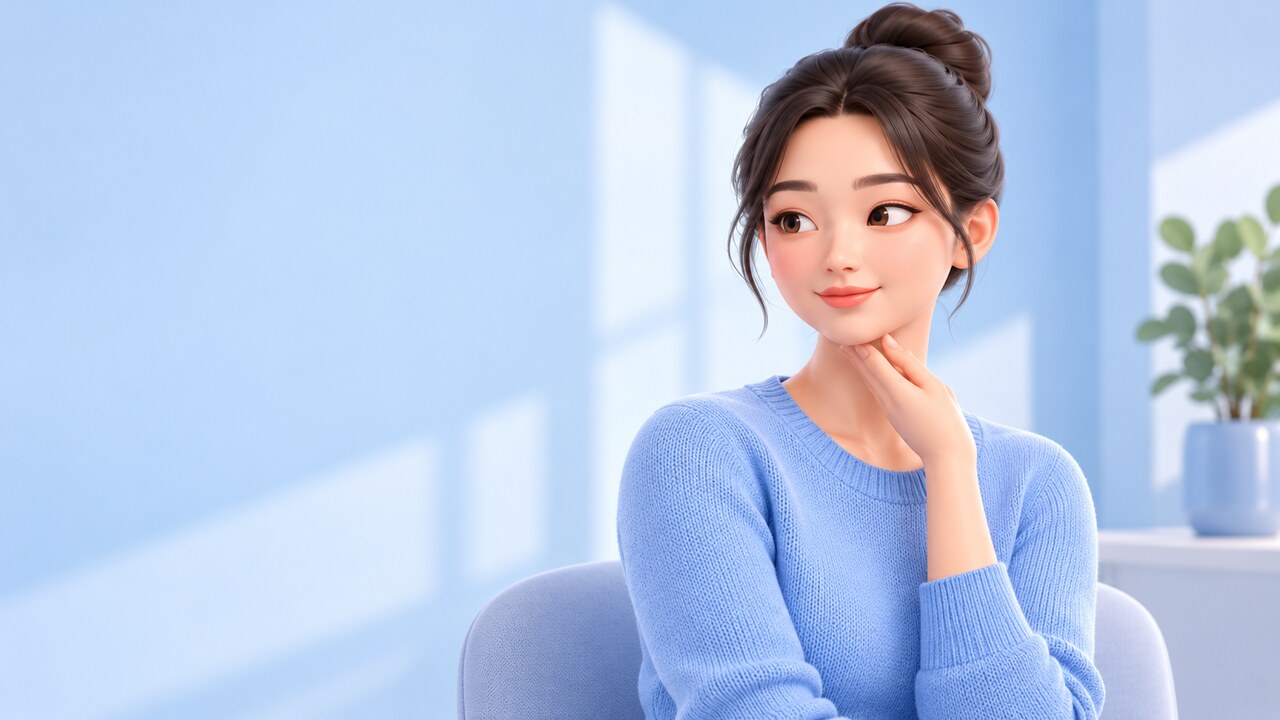 턱선을 손끝으로 만져 보며 고민하는 여성 — 턱지방흡입 상담 전