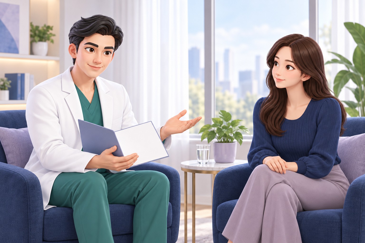 창가 안락의자에서 김학준 원장님이 여성에게 엉덩이 형태와 상담 내용을 설명하는 3D 삽화