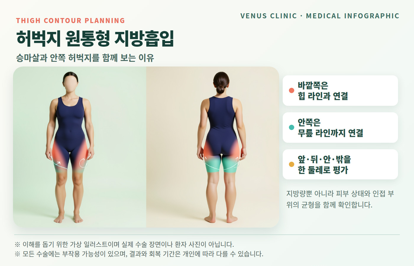 허벅지 원통형 지방흡입의 전체 둘레 평가를 설명하는 가상 의료 인포그래픽