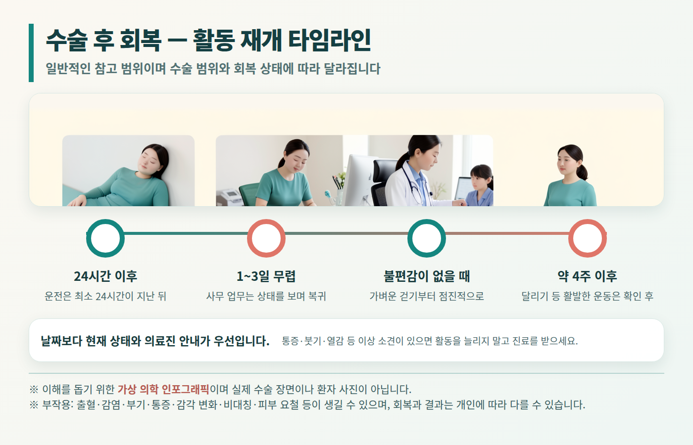 유방 표층 지방흡입 회복 타임라인 인포그래픽 — 수술당일부터 1개월까지 경과