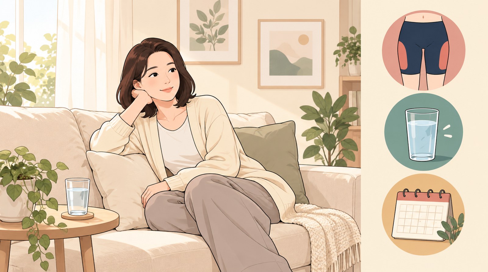 허벅지 지방흡입 후 압박복 착용과 충분한 수분 섭취, 회복 일정을 확인하며 쉬고 있는 여성의 회복 관리 설명용 웹툰 삽화