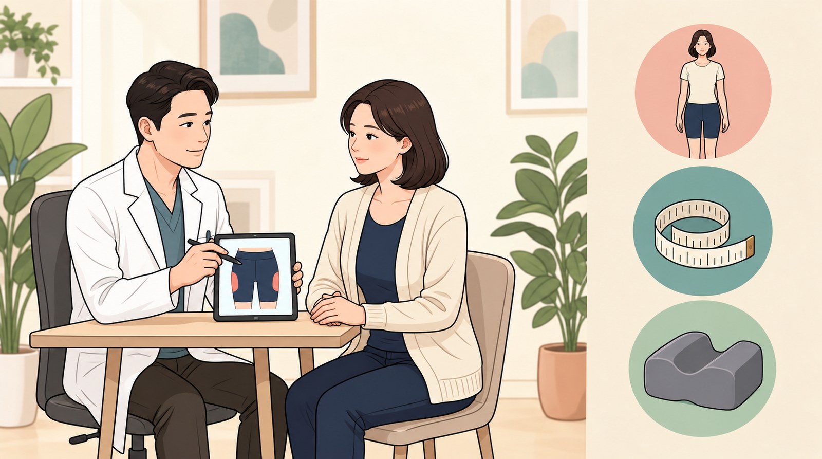 허벅지 지방흡입 수술 전 상담 장면 — 의사가 서 있는 자세 기준의 체형 평가와 줄자, 체위용 쿠션을 설명하는 설명용 웹툰 삽화