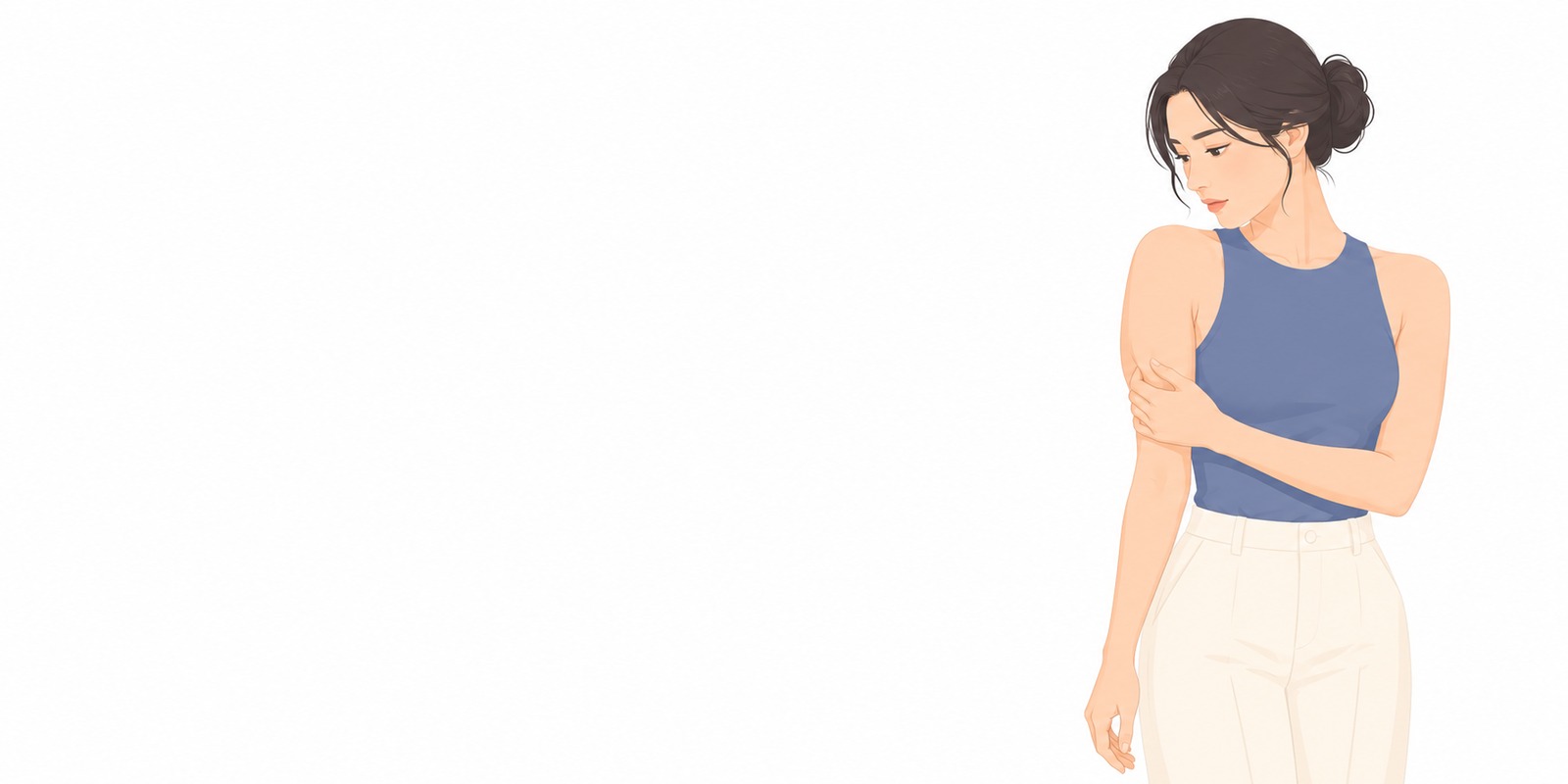 민소매 상의를 입은 여성이 한 손으로 윗팔을 감싸 쥐고 내려다보는 일러스트