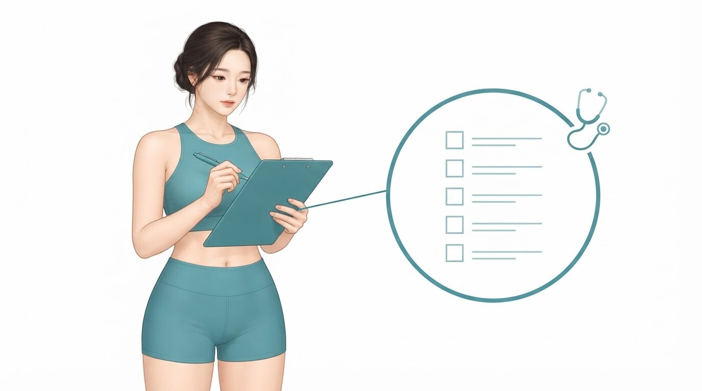 유방 지방흡입 상담 전에 검진 관련 질문을 체크리스트로 정리하는 모습