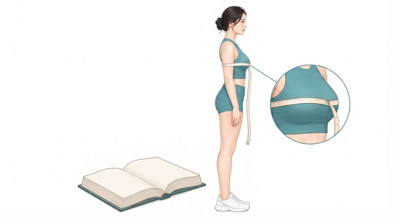 가슴 둘레를 줄자로 재는 모습과 펼친 의학 교과서 — 교과서에 실린 유방 지방흡입 수치 읽기