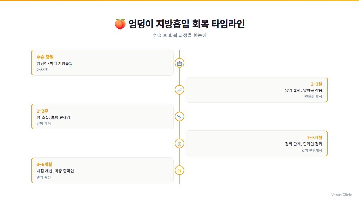 엉덩이 지방흡입 회복 타임라인 인포그래픽 — 비너스의원