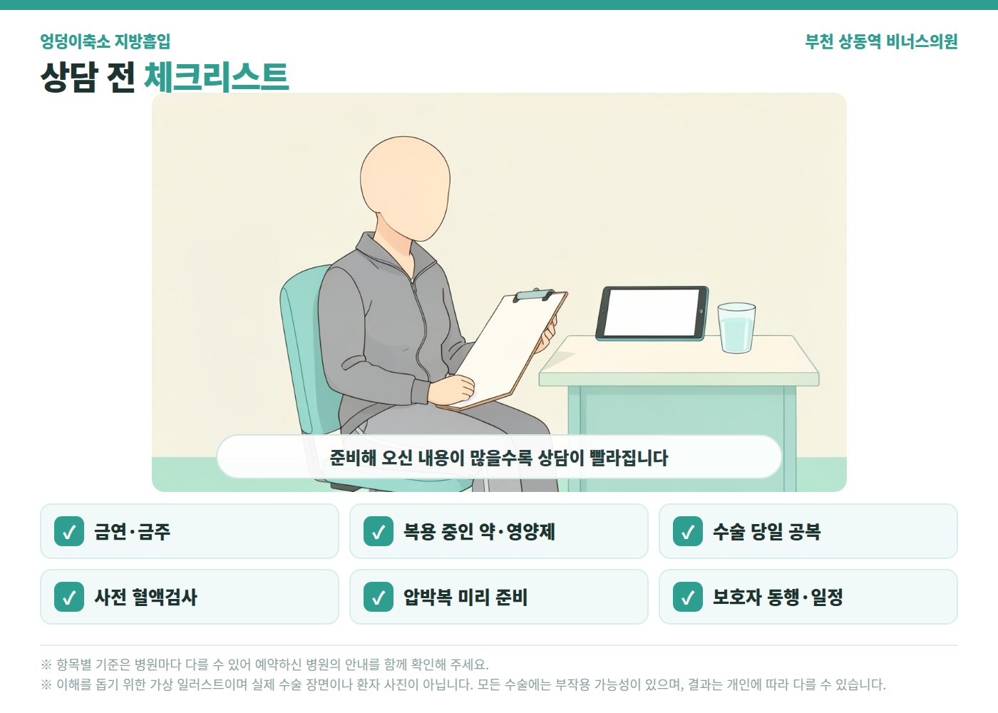 엉덩이축소 지방흡입 상담 전 준비 체크리스트 의학 인포그래픽