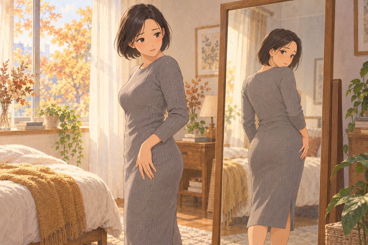 거울 앞에서 엉덩이 아래쪽 라인을 돌아보며 고민하는 여성 — 엉덩이 처짐