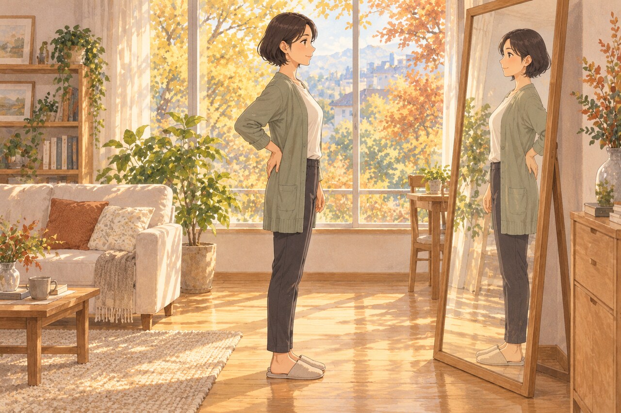 거울 옆에서 바른 자세로 서는 습관을 익히는 여성 — 엉덩이 지방흡입 후 주름 관리