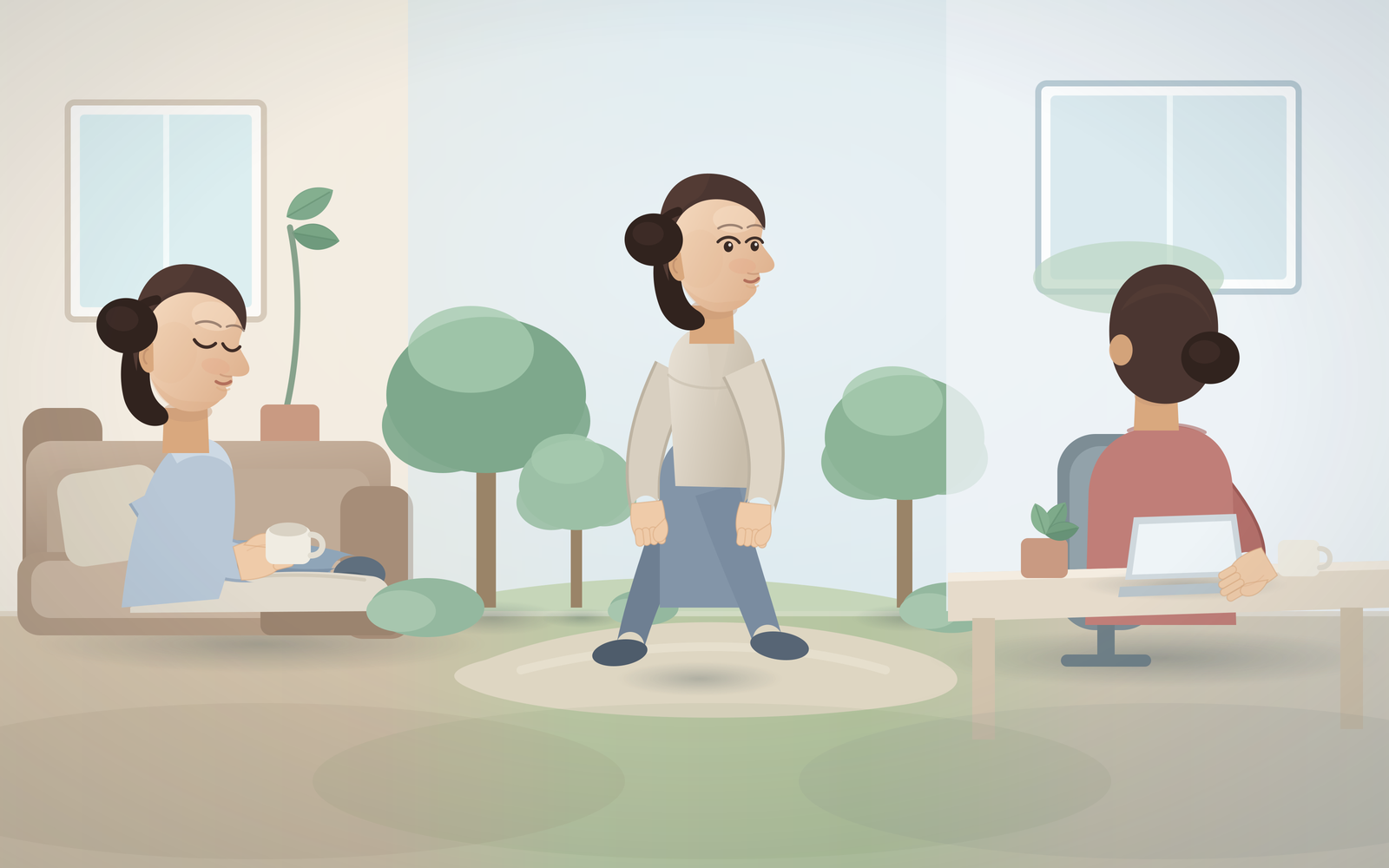 회복 상태에 맞춘 휴식과 가벼운 일상을 표현한 설명용 일러스트