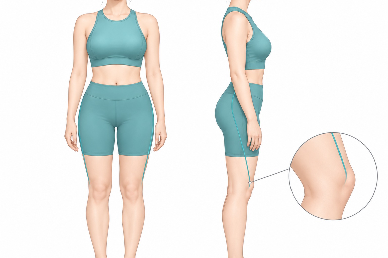 허벅지에서 무릎으로 이어지는 다리 옆선을 보여주는 여성 하체