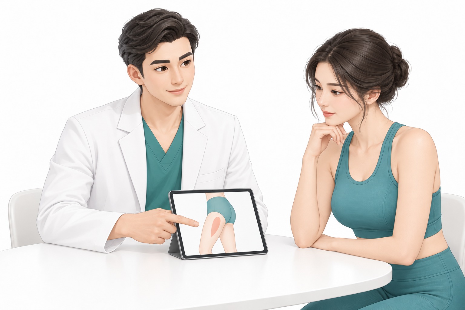 진료 상담실에서 의사가 태블릿 화면을 보여주며 환자에게 설명하고 환자가 메모하는 장면