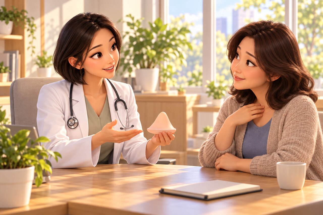 유방처짐 상담에서 의료진이 유방의 모양을 설명하는 장면 비너스의원