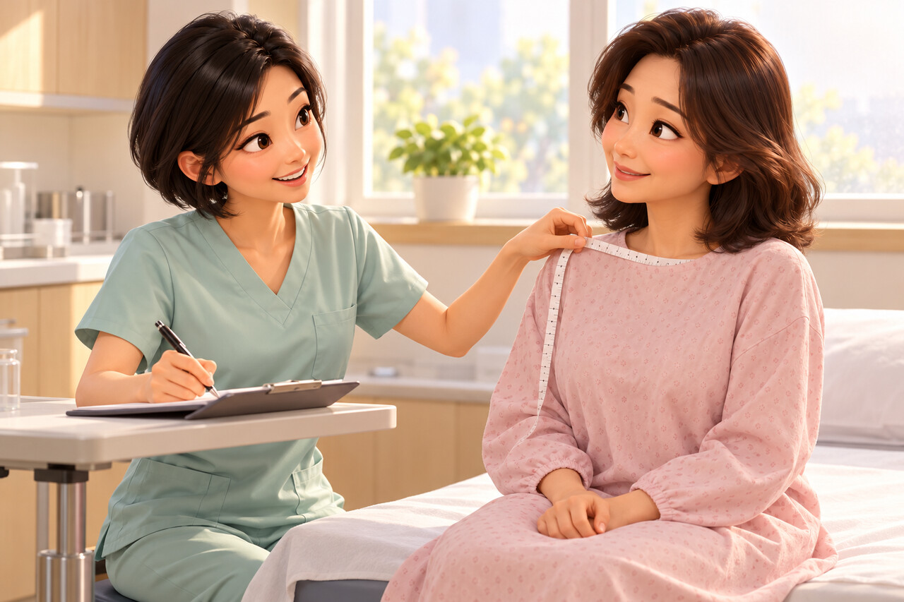 쇄골 중앙을 기준으로 유방의 위치를 재어 기록하는 장면 비너스의원