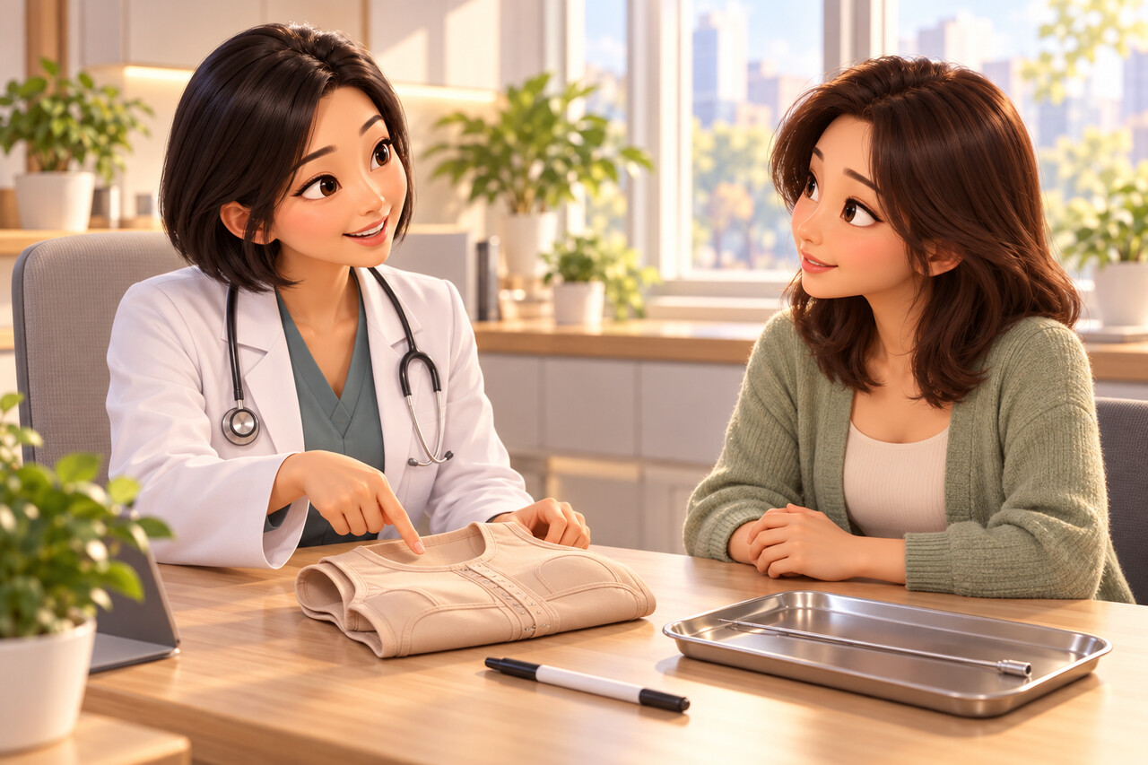 디자인 펜과 압박복을 보며 수술 진행 순서를 안내받는 장면 비너스의원