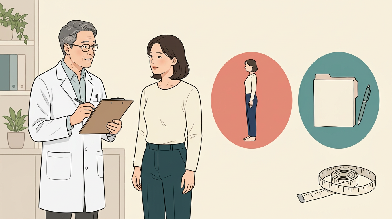 개인별 체형과 과거 수술 이력을 확인하는 설명용 일러스트
