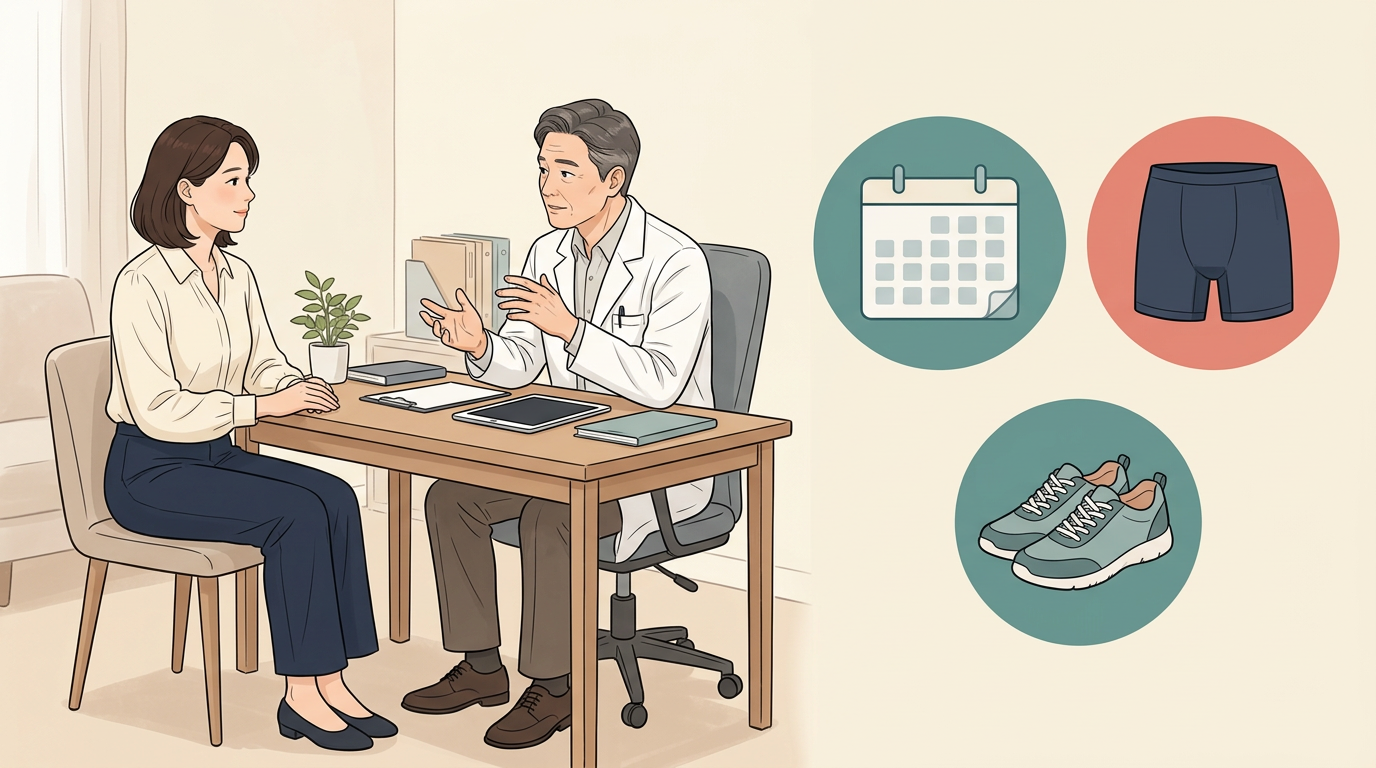 수술 후 경과 관찰과 압박복·활동 계획을 상담하는 설명용 일러스트