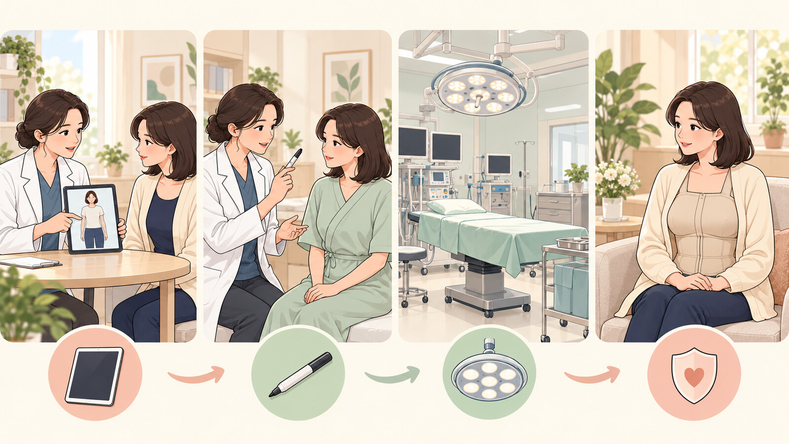 상담과 수술 범위 계획, 수술실, 압박복을 입고 회복하는 모습으로 이어지는 유방 지방흡입 진행 흐름