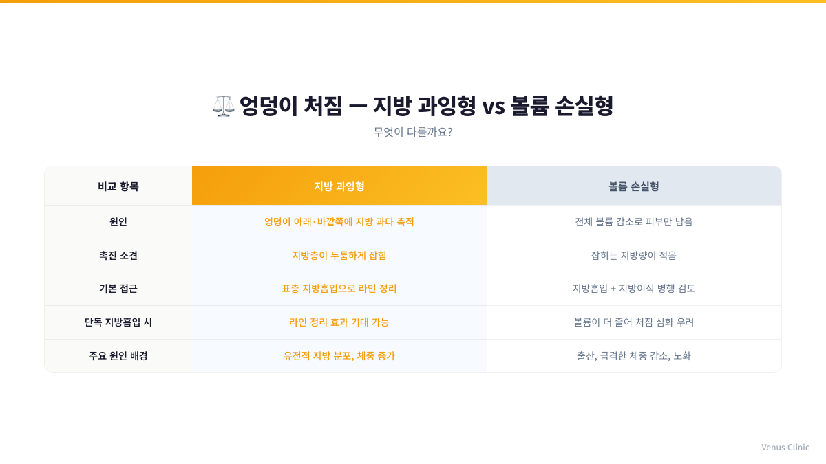 엉덩이 처짐 지방 과잉형과 볼륨 손실형 비교 인포그래픽