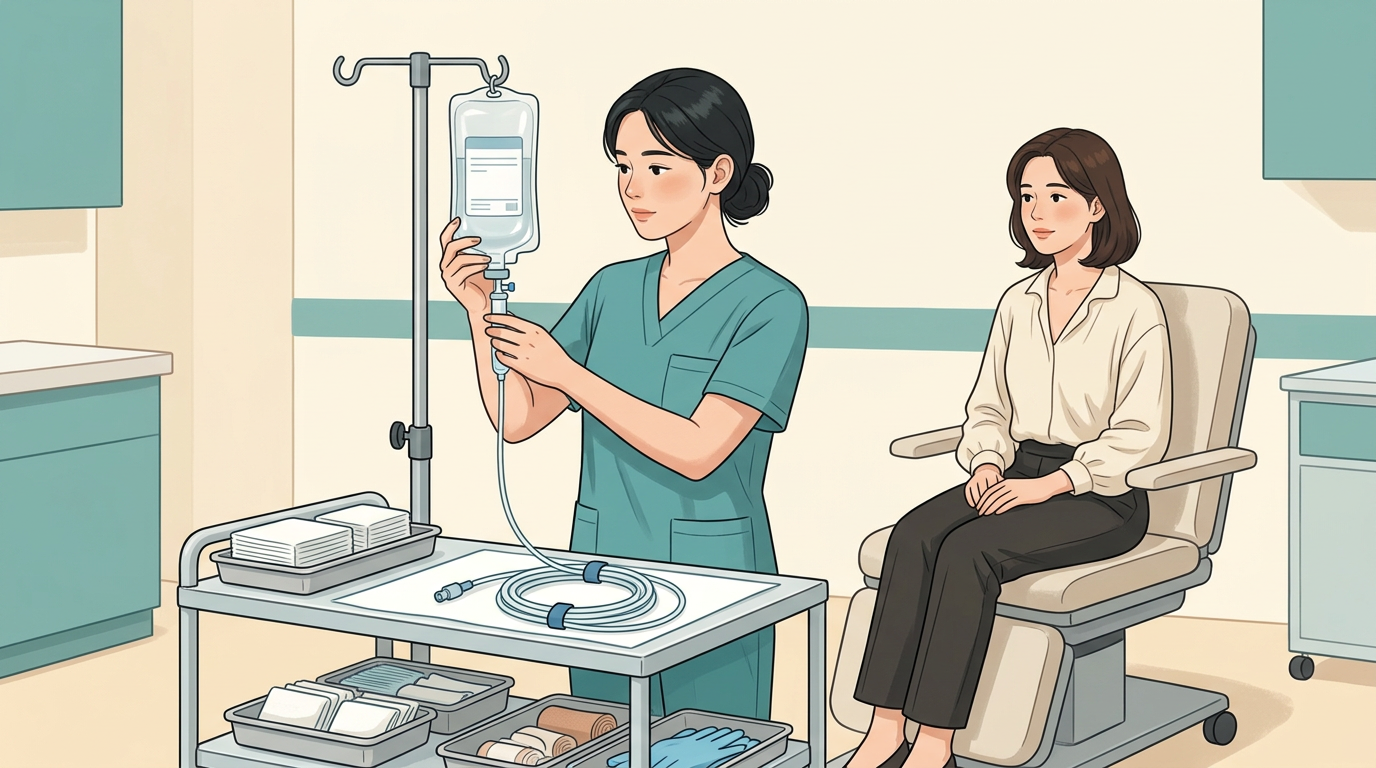 지방흡입 전 의료진이 용액과 준비 물품을 확인하는 설명용 일러스트