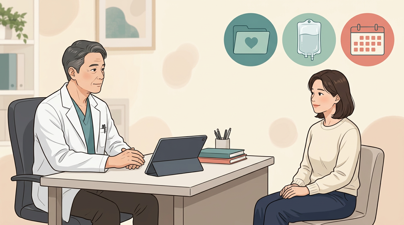 허벅지 지방흡입 전 마취와 수술 계획을 상담하는 설명용 일러스트