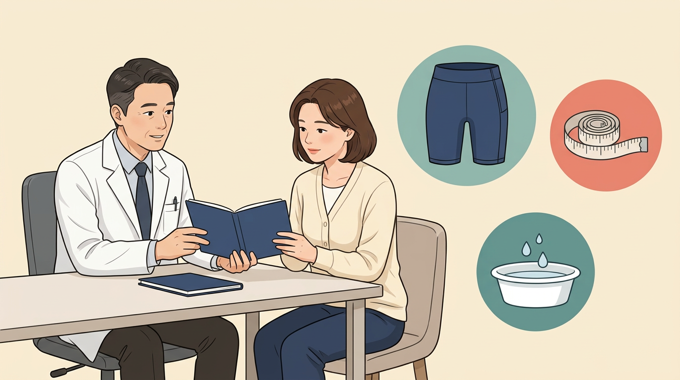 허벅지 압박복의 치수와 관리 방법을 상담하는 설명용 일러스트