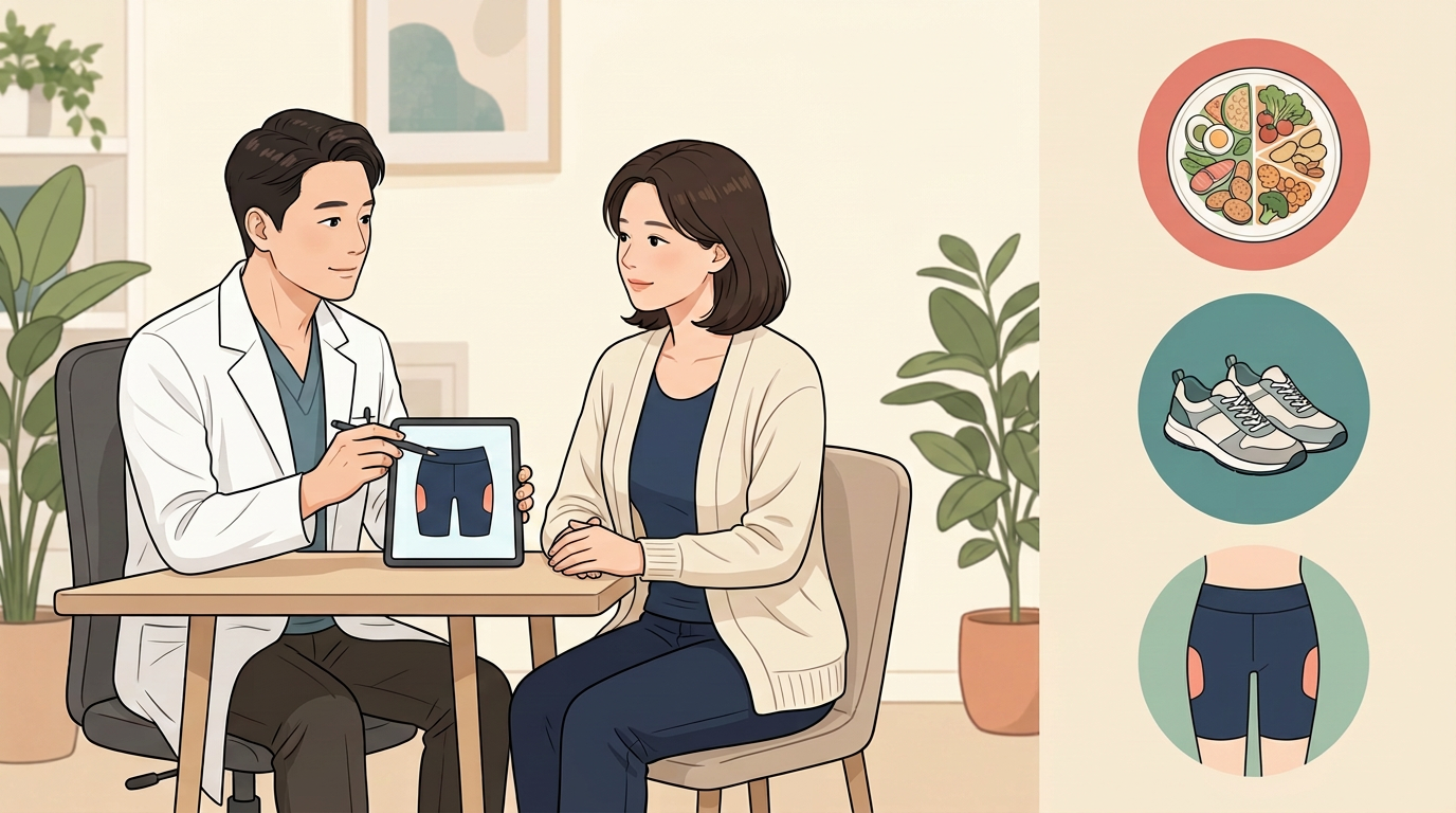 식이·운동과 허벅지 국소 부위 상담을 표현한 설명용 일러스트