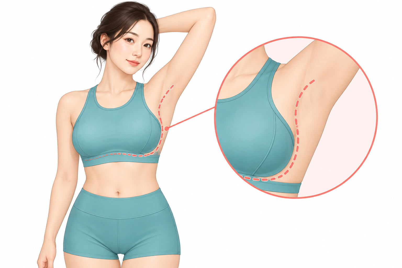 유방과 부유방, 겨드랑이까지 이어지는 지방흡입 범위를 점선으로 표시한 삽화