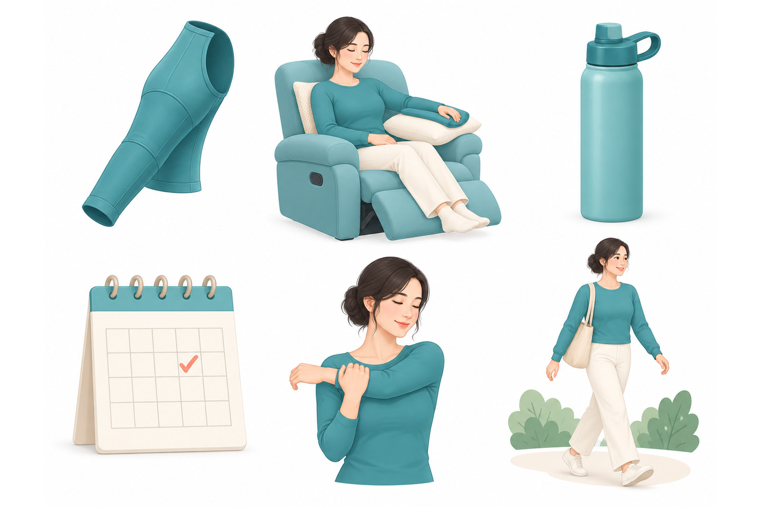 팔뚝 지방흡입 수술 후 압박·휴식·수분·검진·스트레칭·걷기 회복 관리 벡터 아이콘