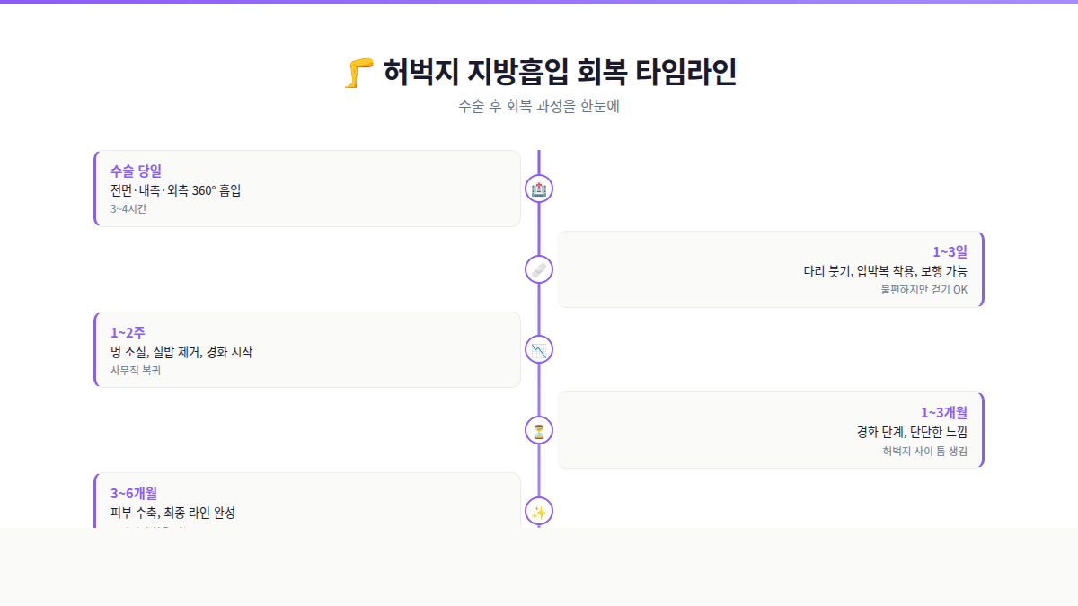 허벅지 지방흡입 회복 타임라인 인포그래픽 — 비너스의원