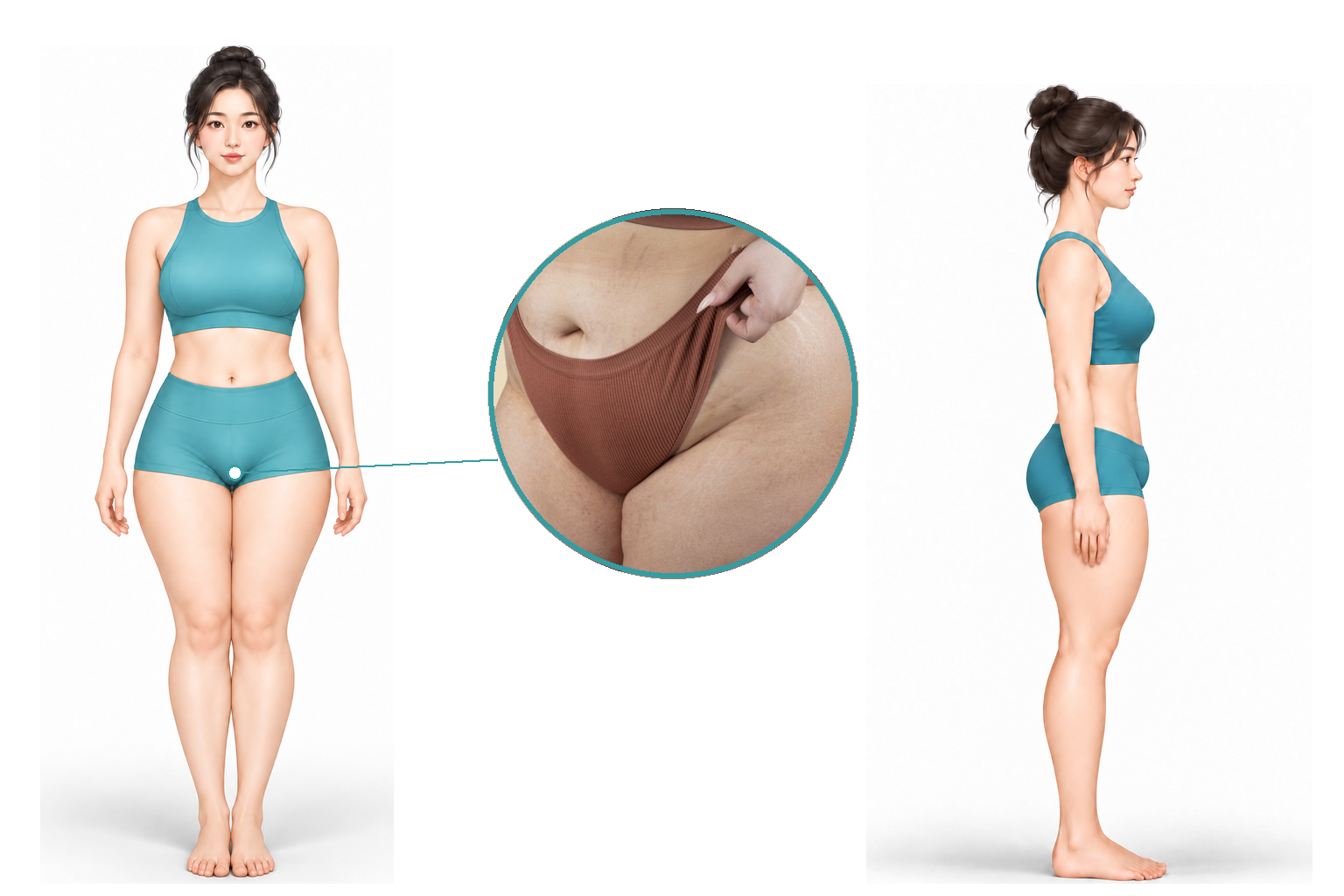 정면과 측면 체형 및 가운데 착용 예시로 보여주는 치골부와 허벅지 내측 Y-zone 설명 이미지