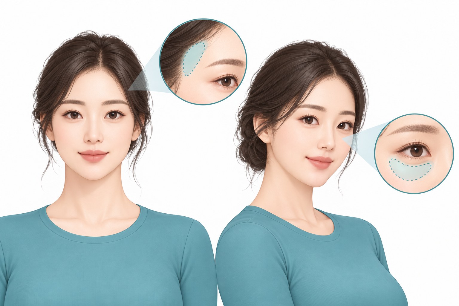 얼굴 지방이식에서 관자놀이와 눈 밑·볼 부위를 표시한 설명 그림