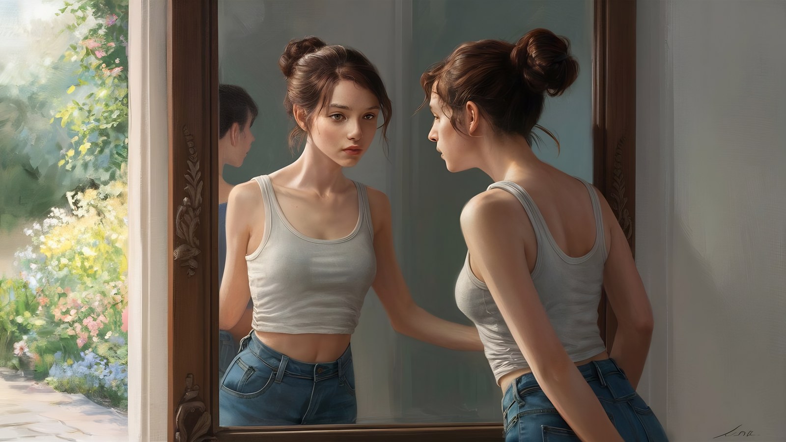 설명을 돕기 위한 이미지 — 거울을 보는 여성(스톡 이미지)