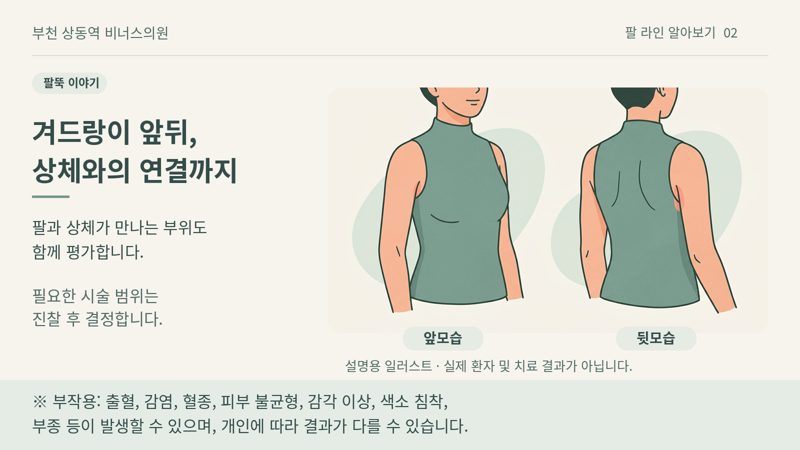 겨드랑이 앞뒤와 상체의 연결을 설명하는 일러스트 — 비너스의원