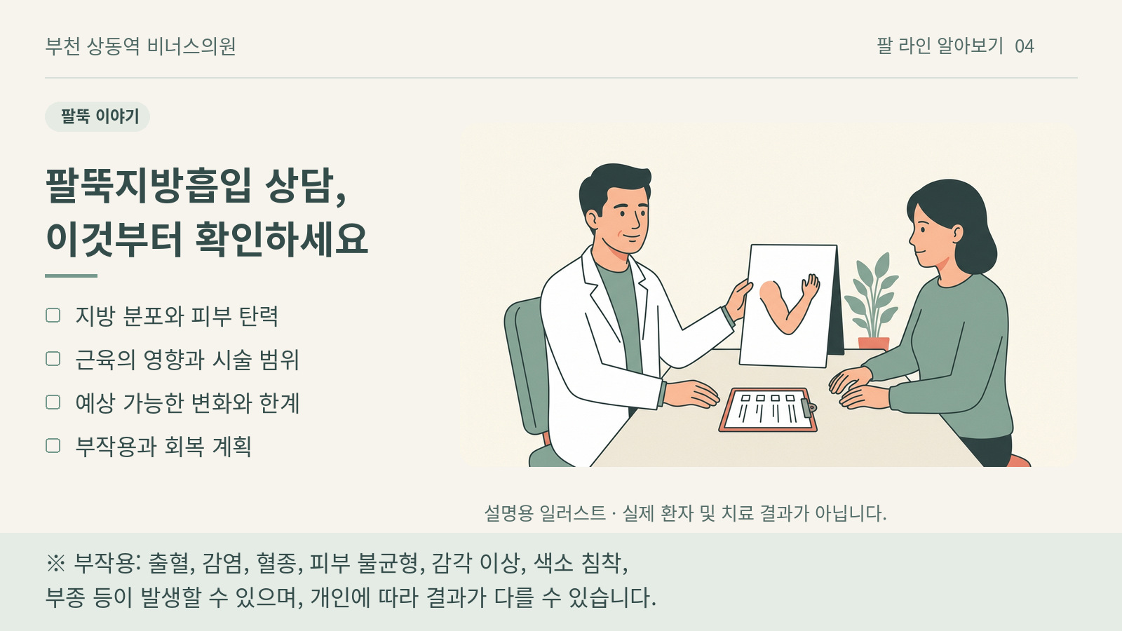 팔뚝지방흡입 상담 확인사항을 안내하는 일러스트 — 비너스의원