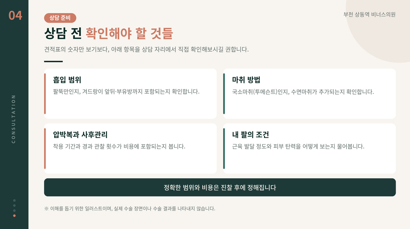 팔뚝지방흡입 상담 전 확인할 항목 안내 일러스트
