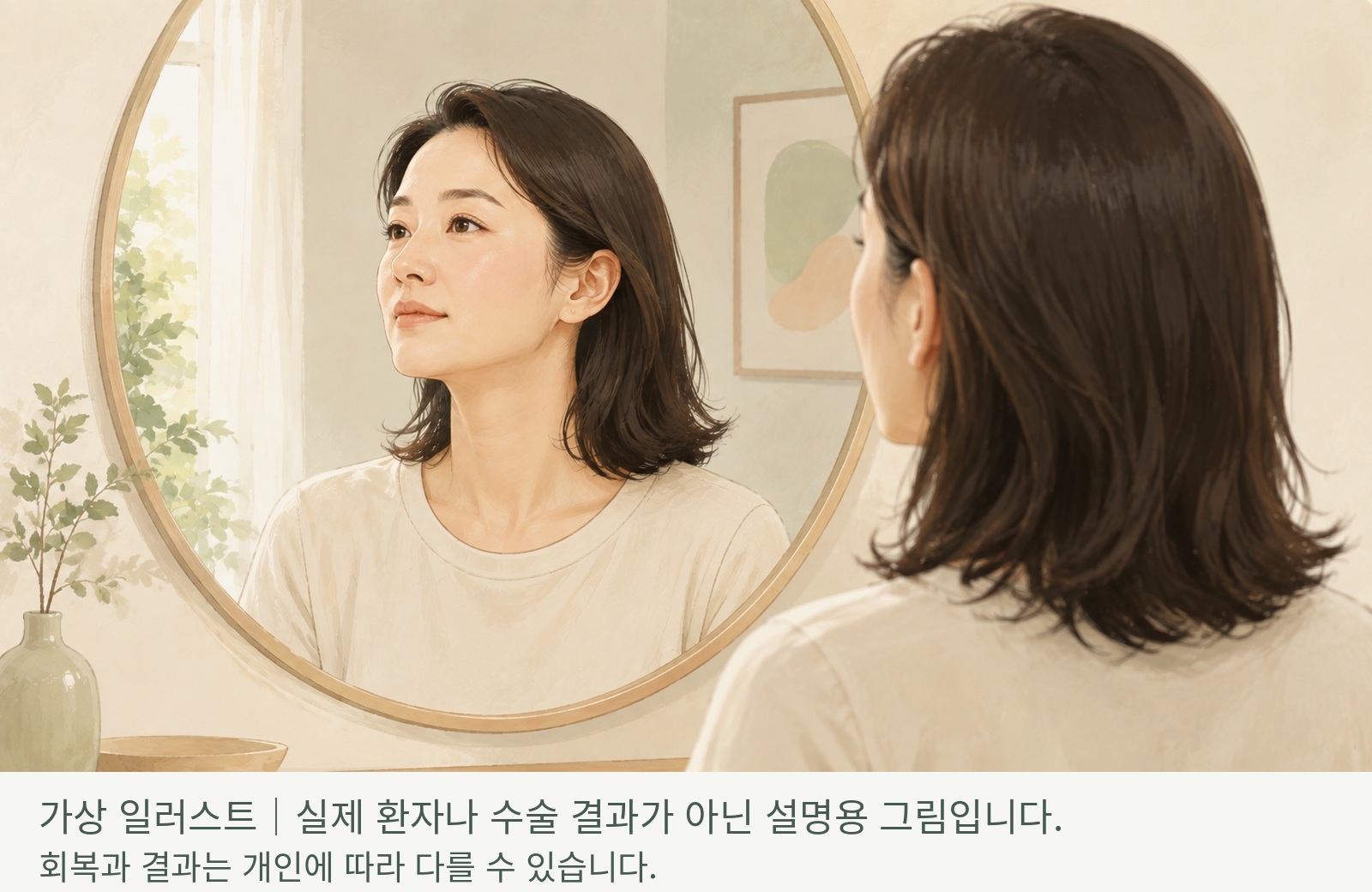 거울 앞에서 턱선과 목 라인을 확인하는 여성