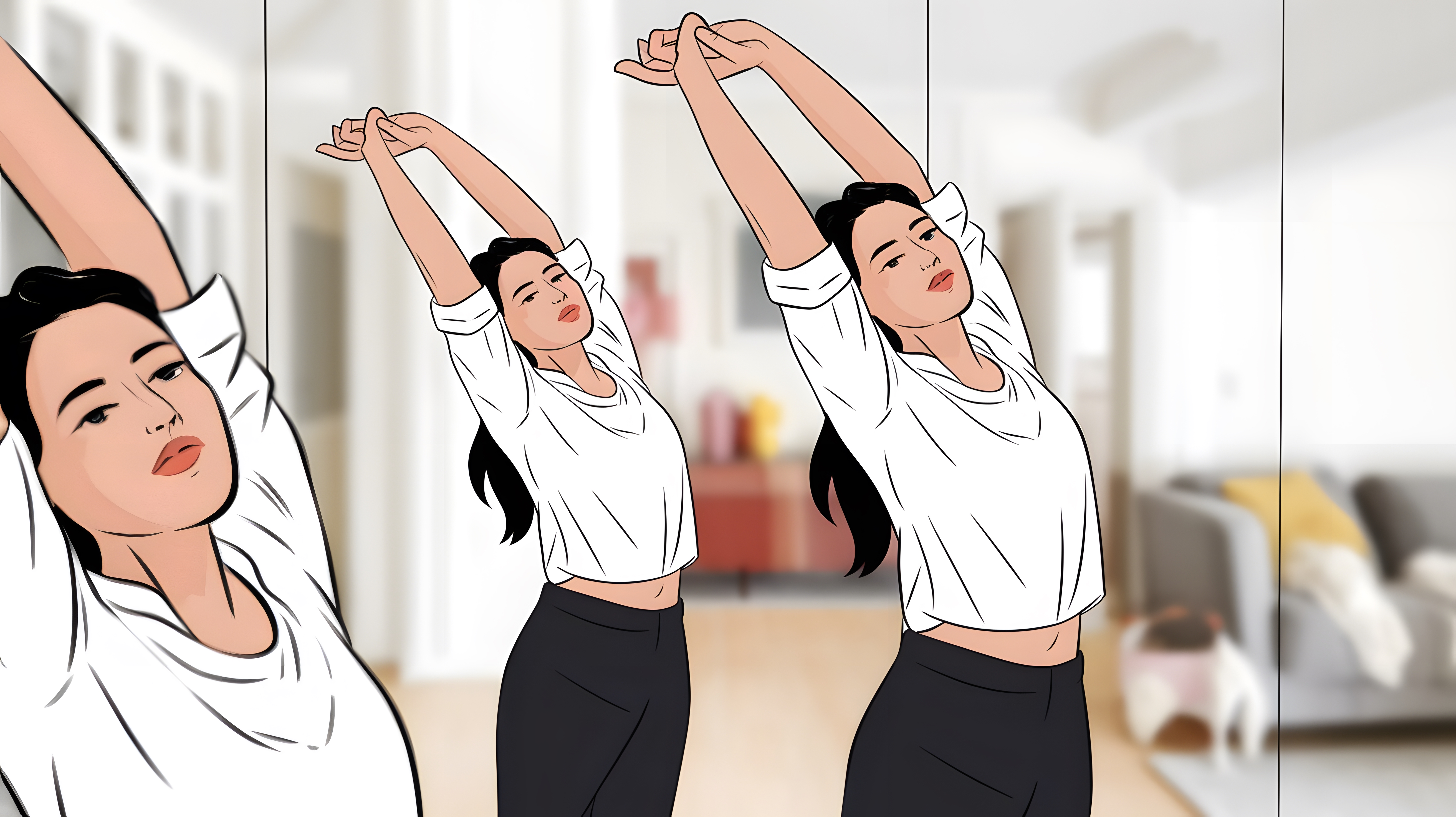 엉덩이축소 지방흡입 이후 스트레칭하며 회복 관리하는 여성 일러스트