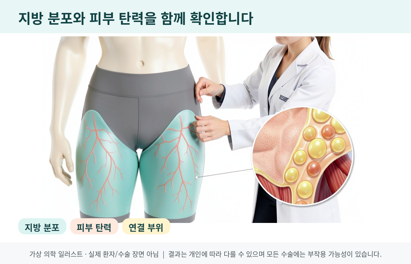 허벅지 지방 분포와 피부 탄력을 함께 확인하는 상담 의료 인포그래픽