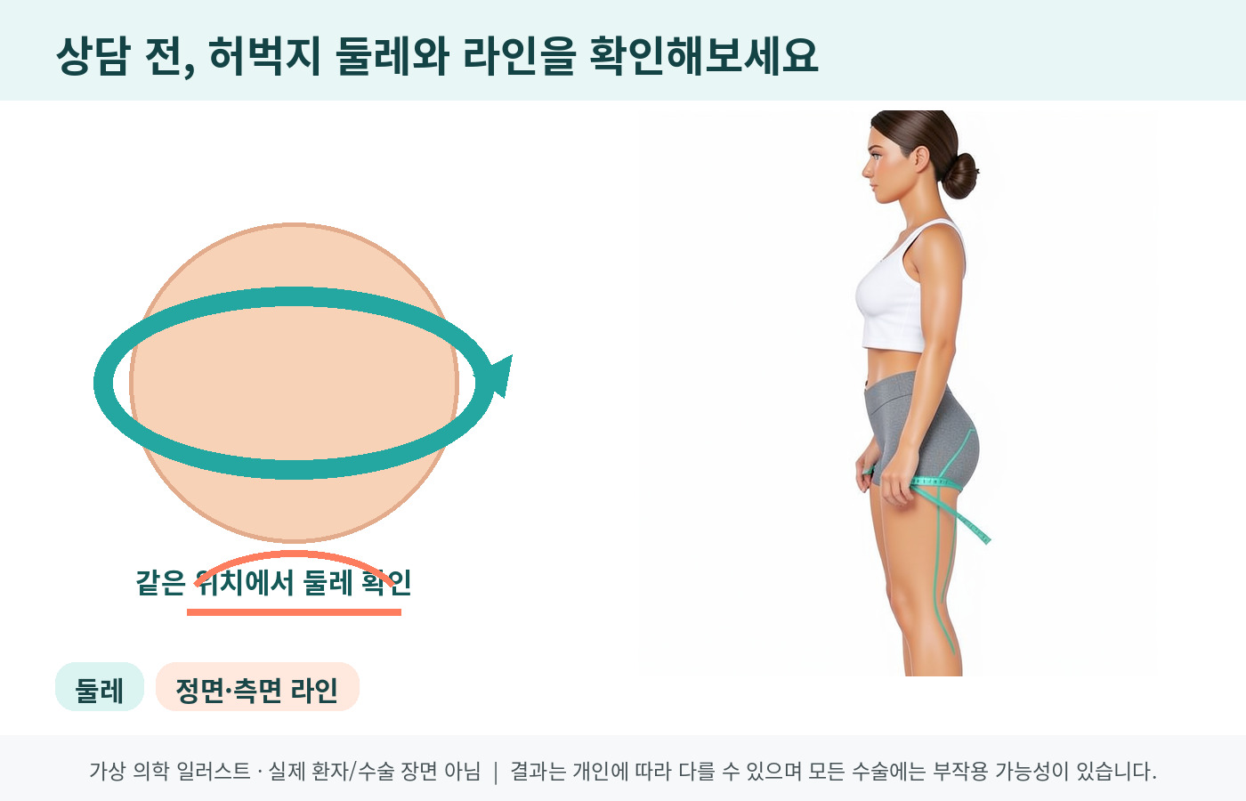 상담 전 허벅지 둘레와 정면 측면 라인을 확인하는 의료 인포그래픽