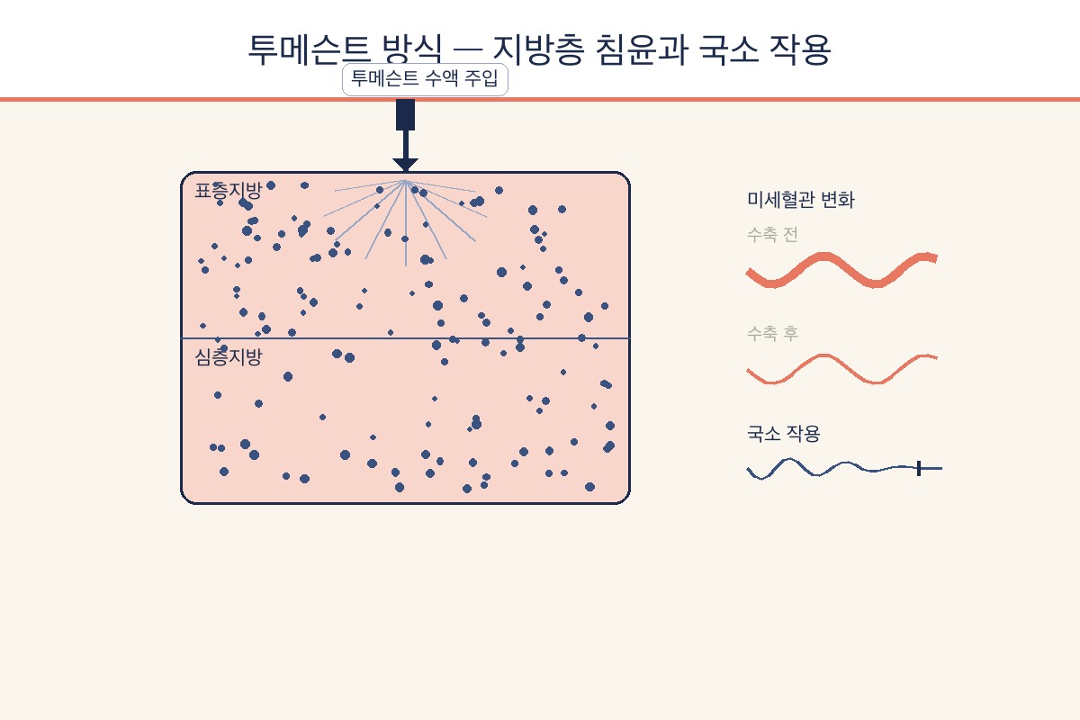 투메슨트 방식 지방층 침윤과 미세혈관 수축 국소작용 안내 일러스트