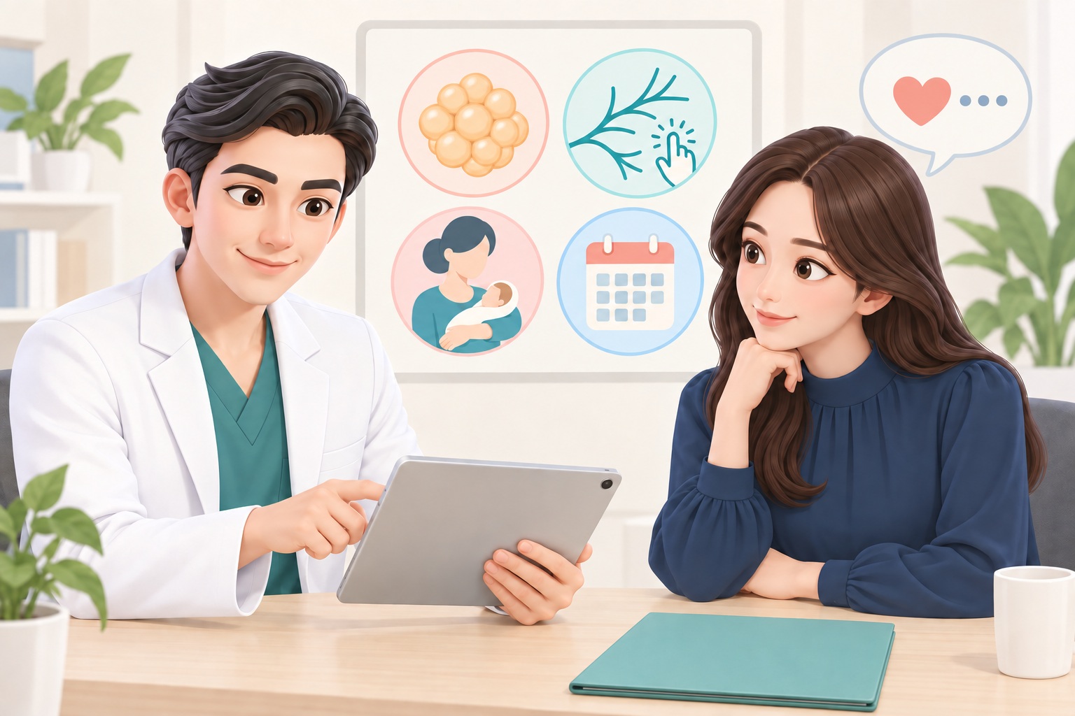유선·유두 감각·수유 계획 등 시술 전 확인할 사항을 상담하는 설명용 일러스트
