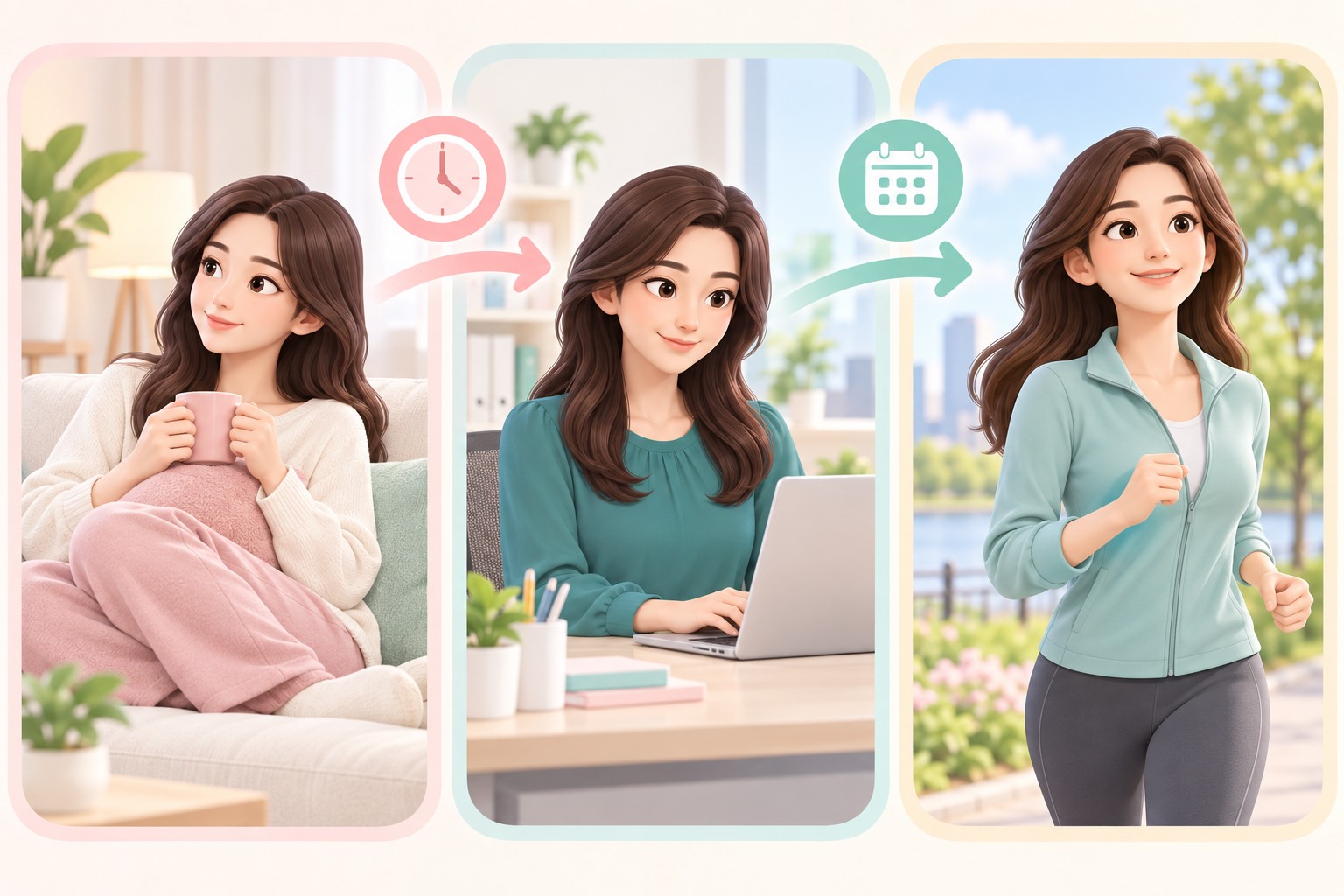 유방 표층 지방흡입 회복 흐름 일러스트 — 집에서 휴식, 사무 업무 복귀, 가벼운 야외 운동 순서