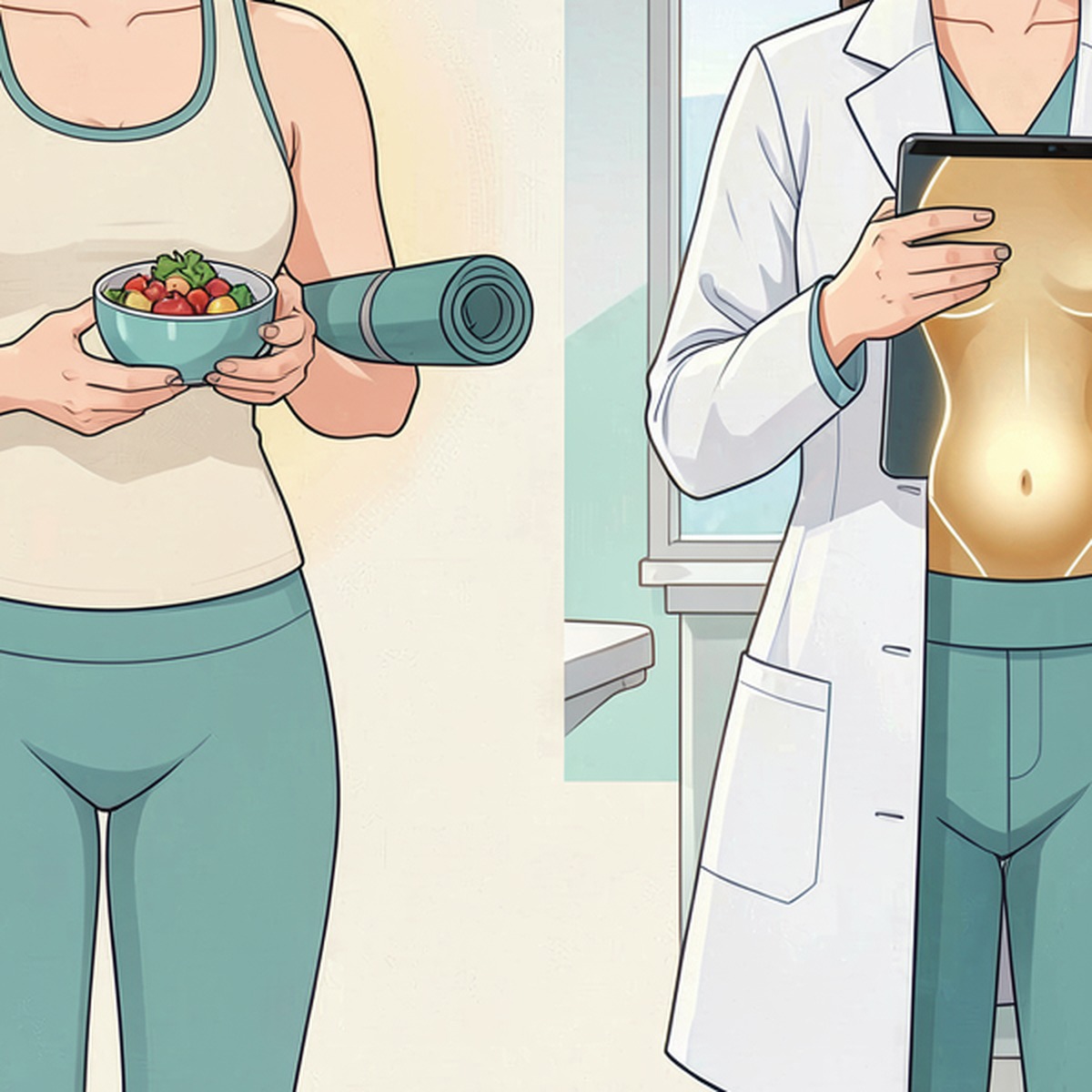 다이어트의 전신 관리와 지방흡입의 국소 계획 차이를 보여주는 2D 일러스트